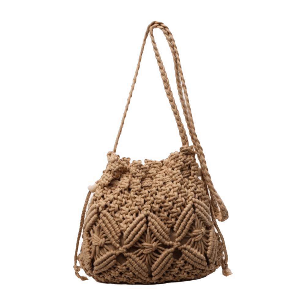 Hollow Out Bucket Handbag Natural Straw Drawstring Crossbody Bag Woven Beach Bag  Casual Use