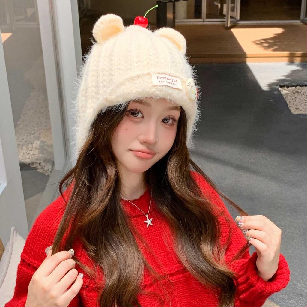 Cute Bear Ears Ear Protector Knitted Hat Women's Autumn and Winter Cherry Plush Wool Hat Student Thermal Pullover Hat
