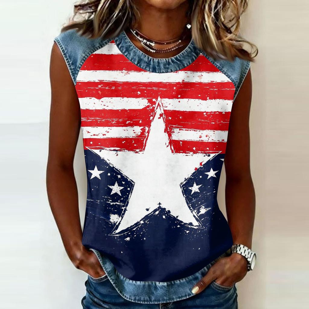 Women Sleeveless Pullover Tank Top Casual Round Neck Star Print Shirt Lightweight Summer Blouse Relaxed Fit