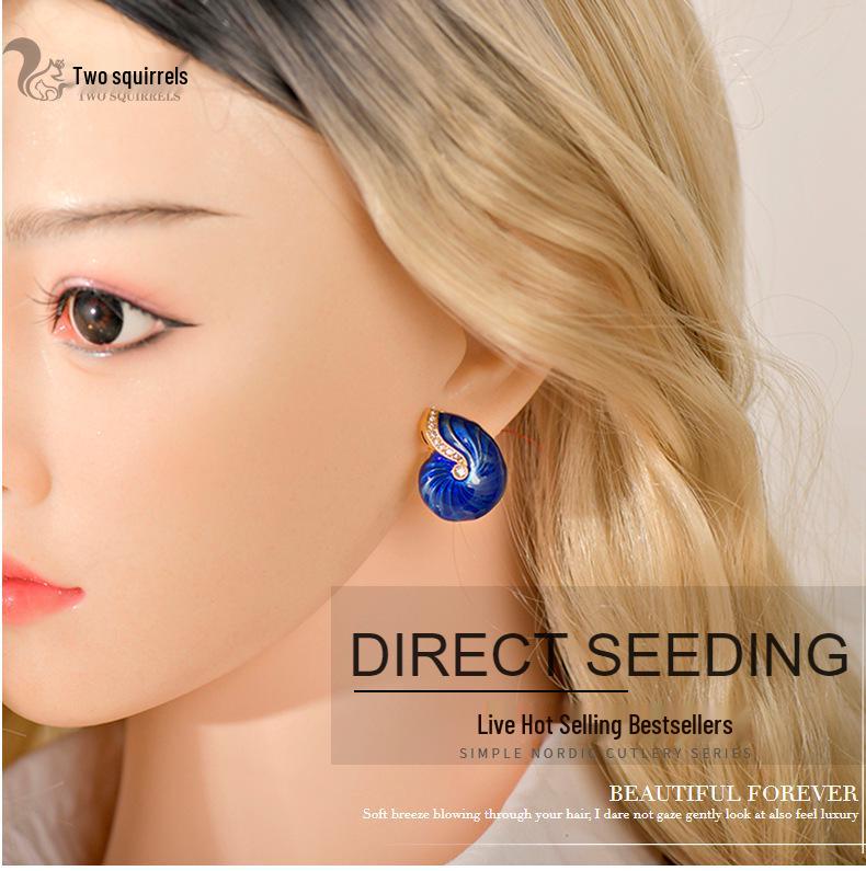 Antique Blue Enamel Conch Earrings In Oil Painting Style - Chinese Retro Inspired Fashion Jewelry
