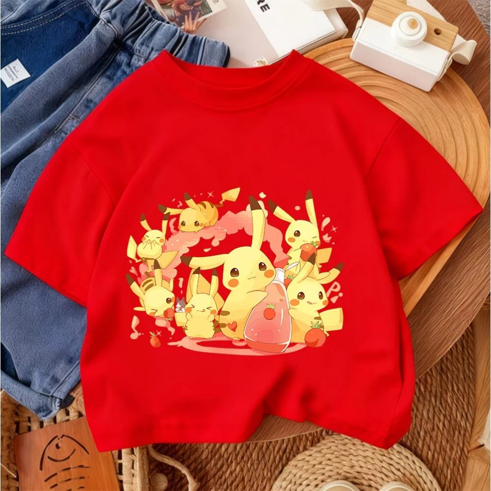 Children Fashion Street Tee Pikachu Cute Cartoon Print For Boys Girls Summer Casual Comfort Wear 3-14 Years