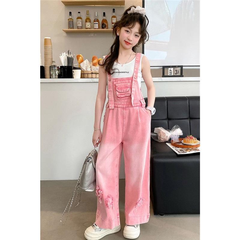  Kids Girls Denim Overalls Casual Wide Leg Star Embroidered Jumpsuit For Children
