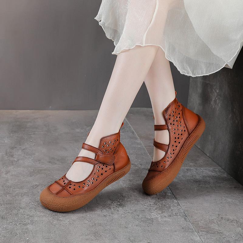 2025 Summer Retro Handmade Women's Shoes Genuine Leather Soft Bottom Mom Sandals Cowhide Hollow Out Casual Sandal Boots