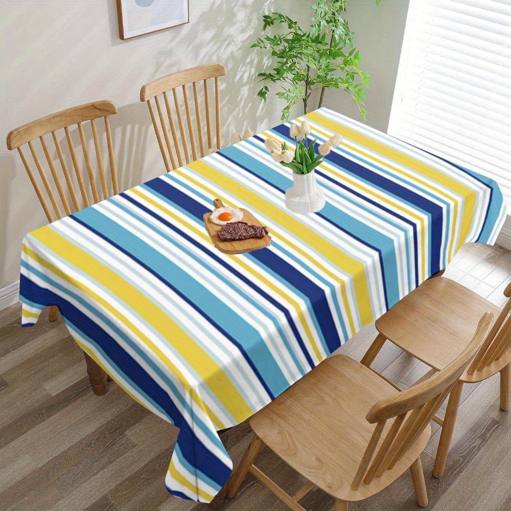 Vibrant Blue, Yellow & White Striped Tablecloth - Modern Horizontal Striped Rectangular Polyester Table Cover, Wrinkle-Resistant & Machine Washable, T