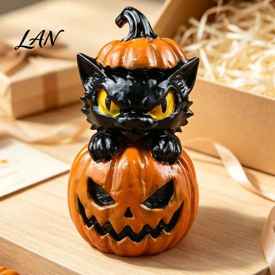 Spooky Tabletop Centerpieces Halloween Black Cat & Pumpkin Resin Ornaments, Cute Desktop Figurines, Office Desk Seasonal Ornaments Cartoon And Statue
