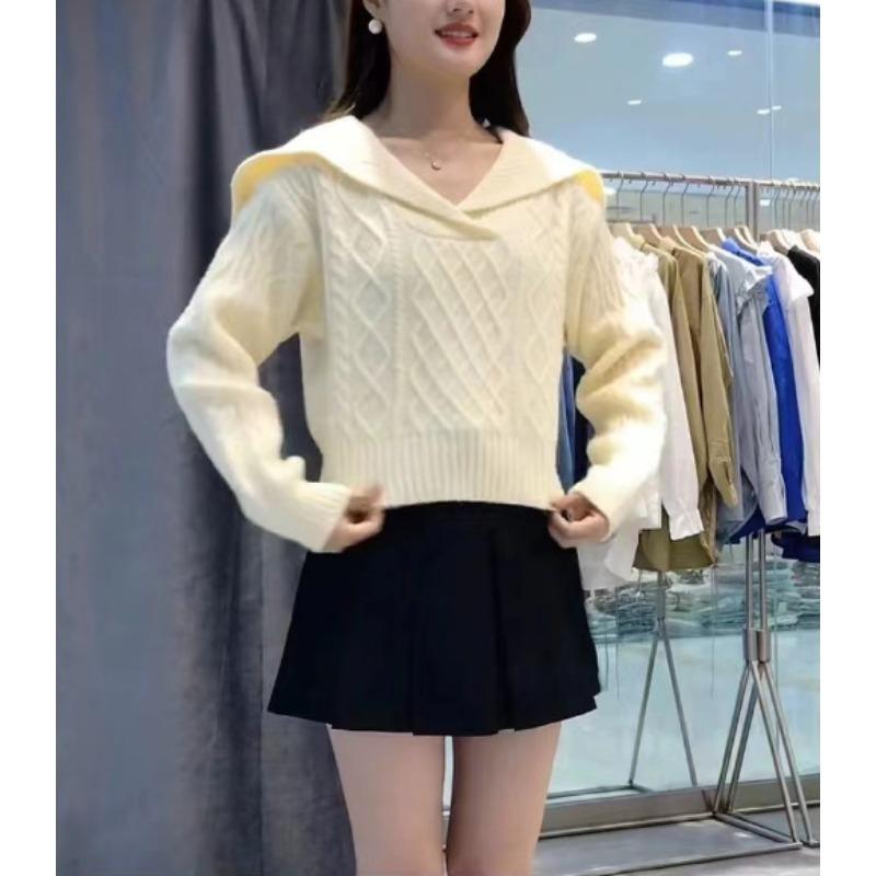 

Осень и зима новый темперамент элегантный стиль ретро темно-синий воротник ромб универсальный однотонный вязаный свитер топ one size fits all