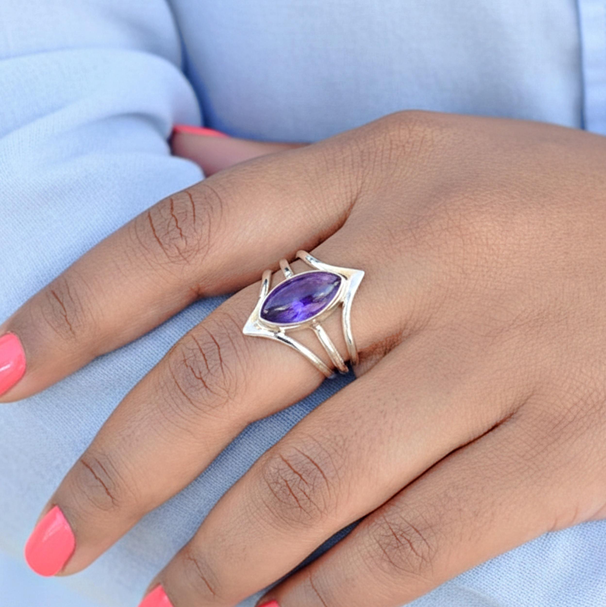 

Purple Amethyst Marquise Statement Ring, 925 Sterling Silver Jewelry, Minimalist Bohemian Ring 12 серебряный