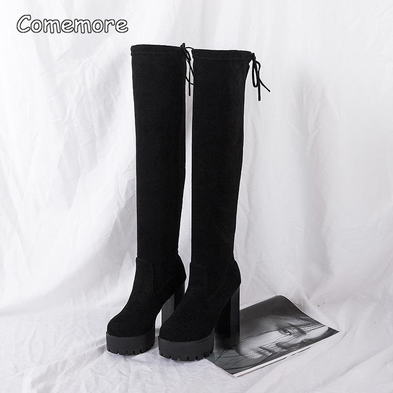 2026 Herbst klobiger Absatz über dem Knie hohe Stretch Stiefel Damen Sexy Schwarz Übergröße 35-39 Lange Stiefel Botas Largas Mujer