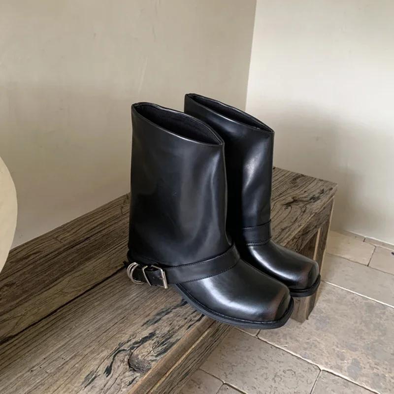 Vintage Square Toe Women Western Cowgirl Fashion Belt Buckle Shoes Autumn Winter Thick Heel Women'S Knight Short Booties
