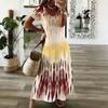 Women Plus Size V Neck Short Sleeve Abstract Printed Black White Khaki Straight Maxi Dress