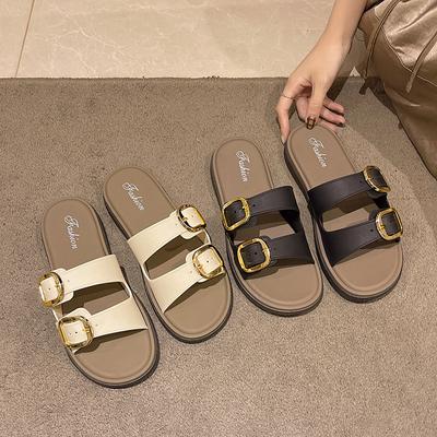 New Retro Soft Sole Flat Belt Buckle Slippers For Women In Summer Beach Anti-slip Sandals