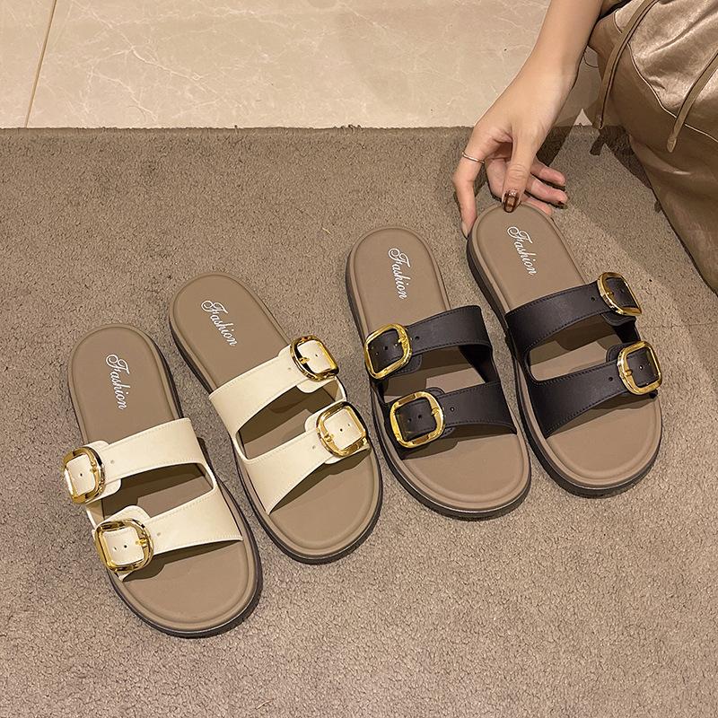 New Retro Soft Sole Flat Belt Buckle Slippers For Women In Summer Beach Anti-slip Sandals
