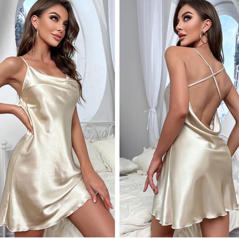 Sexy Short Backless Home Sleepwear Solid Color Summer V-neck Cross Strap Dress Imitation Silk Thin Style Dress for Women