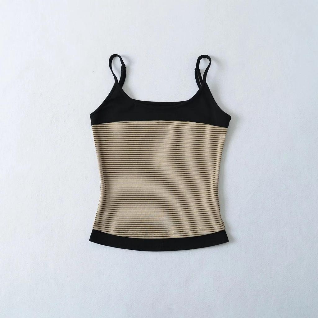 Koreanisches Farbblock-Streifen-Camisole & Hose mit Kordelzug und Schlag