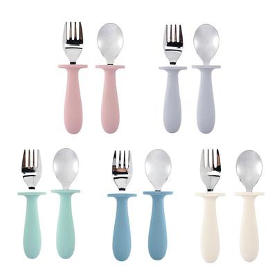 304 Stainless Steel Baby Feeding Set: Long-Handled Silicone Fork & Spoon