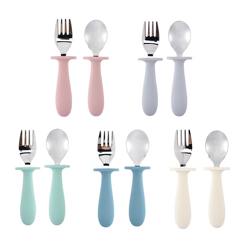 304 Stainless Steel Baby Feeding Set: Long-Handled Silicone Fork & Spoon