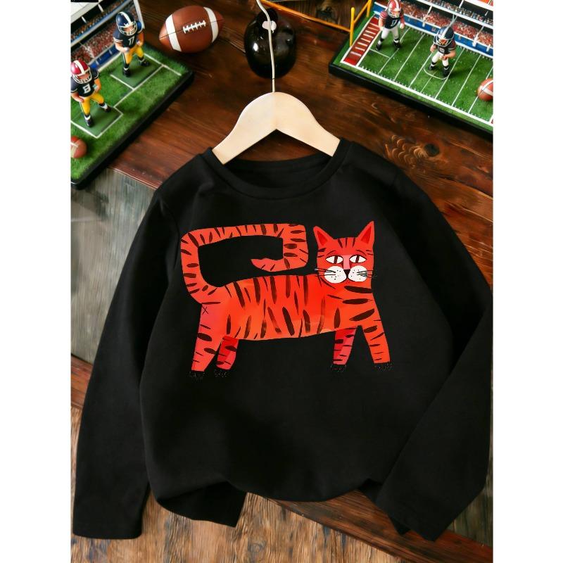 European sizes Kids' Fashion Print Cartoon Tiger Long Sleeve , Trendy and Playful, Versatile for Daily Wear, Sports T-Shirt, Playwear