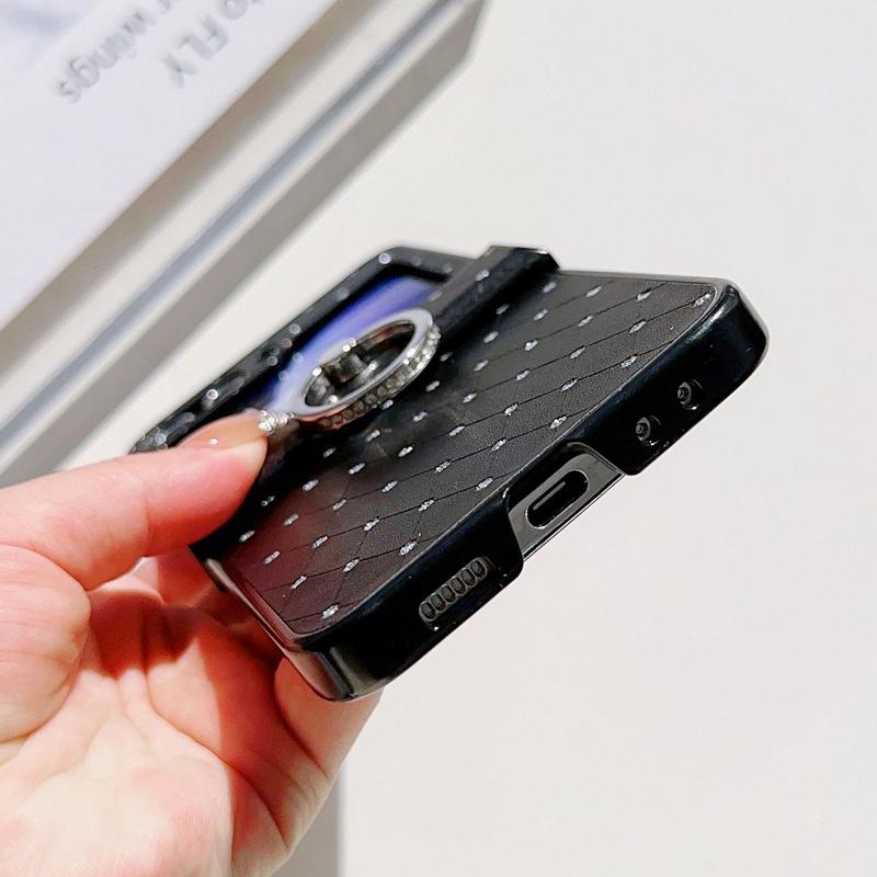 Luxury Leather 3pcs Folding Case For Samsung Galaxy Z Flip6 Flip5 Flip4 Flip3 Diamond Shockproof PC Ring Holder 3pcs Folding Cover