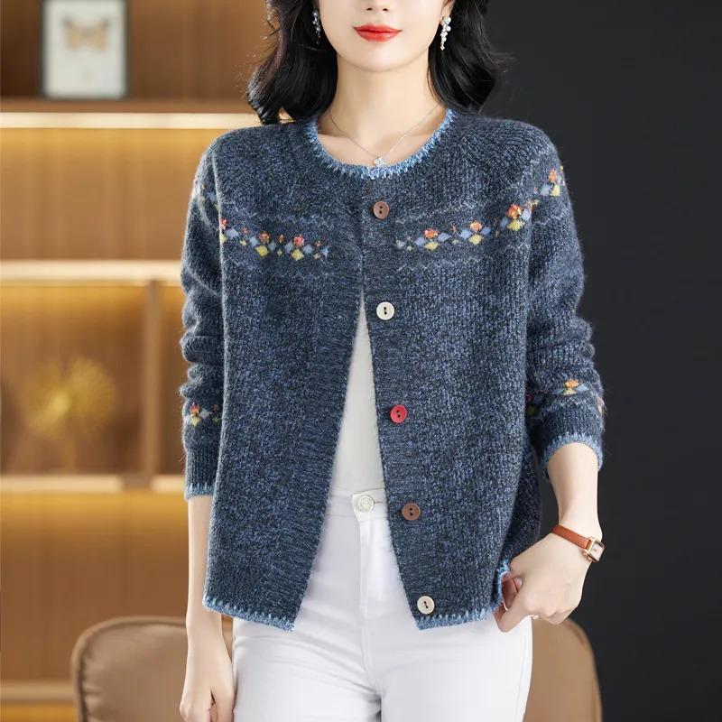 Herbst Winter Geometrisches Muster Stickerei Kontrastknopf Langarm Strickjacke Rundhals Pullover Gestricktes Freizeit Oberteil