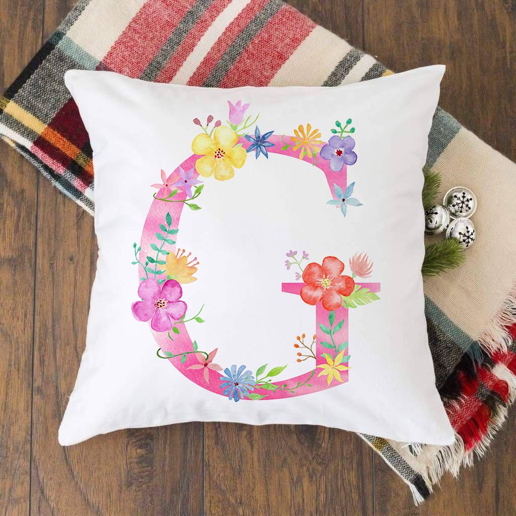 Pink Alphabet Flower Printed Cushion Cover Pillowcase English Letter A-Z Home Decorative Sofa Bed Backrest Pillow Cover 45*45cm