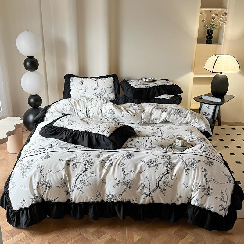 Black Lace Princess Wind French Washed Cotton Four-piece Quilt Cover Quilt Cover Sheet