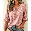 Women's Multi-Pattern Print Tie Front V Neck 3/4 Ruffle Sleeve Loose Blouse, Casual Daily Wear Top