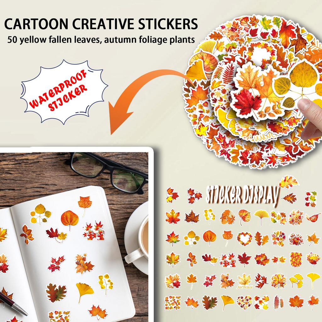 50ks Yellow Leaves Stickers Samolepky díkůvzdání Podzimní listí Rostlina Cartoon Samolepky Kreativní vodotěsné dekorativní samolepky na notebooky