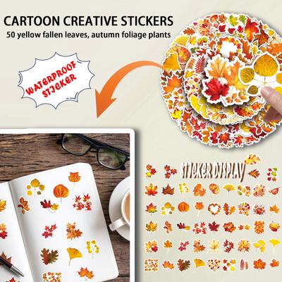 50pc Yellow  Leaves Stickers Thanksgiving Stickers Autumn Leaves Plant Cartoon Stickers Creative Waterproof Decorative Computer Notebook Glue Stickers