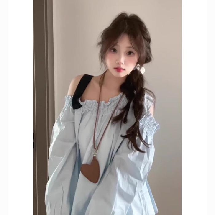 

2025 Весна Открытые плечи Корейский стиль Синий Длинный рукав Женский Шикарный Свободный топ Medium синий