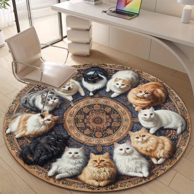 VIKAMA  Charming Kitten-Motif Vintage Round Rug Living Room, Study, Office Chair Round Mat Stylish Home Decor Rug