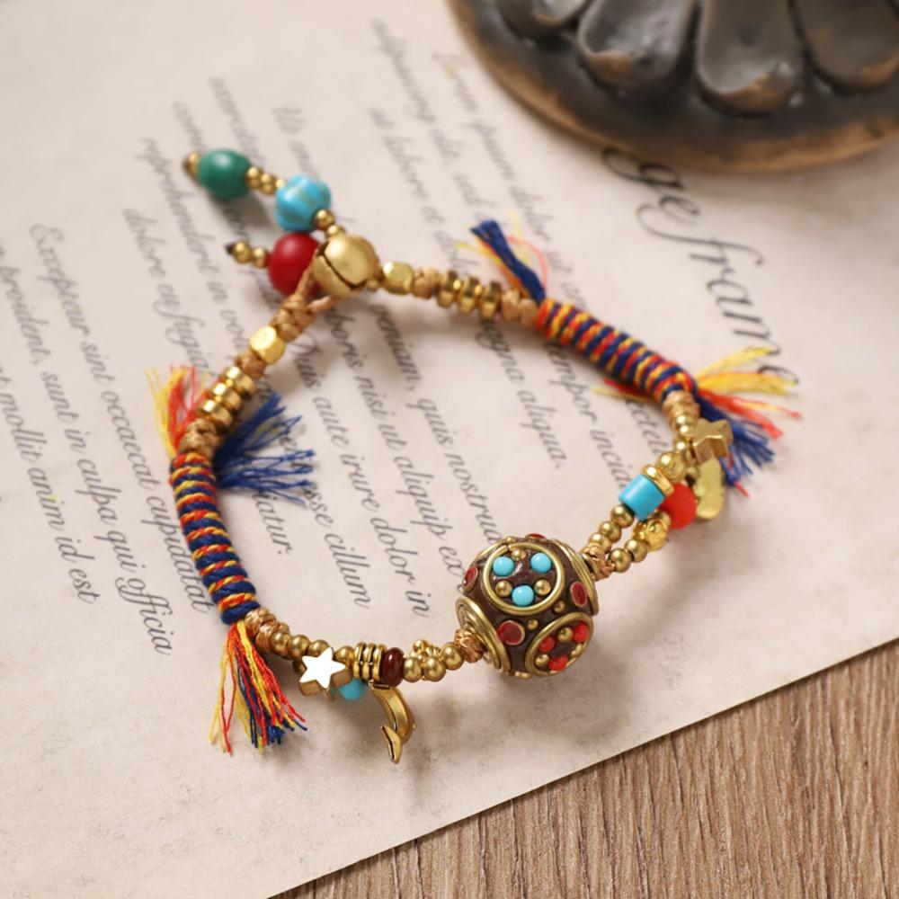 Regulowany Tkany Sznurek na Rękę Miedziane Koraliki Pleciona Bransoletka Styl Starożytny Styl Etniczny Bransoletka Dziewczynki