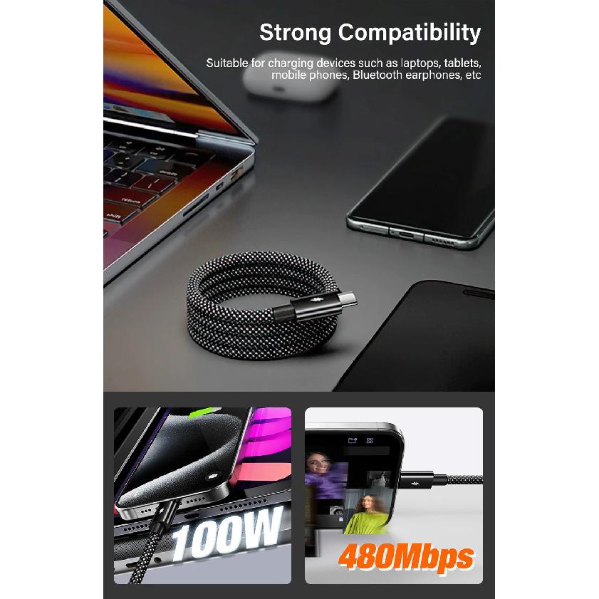 100W 27W Magnetic Type C USB to For iOS Cable Coiled Fast Charging for iPhone 15 14 16 Pro max Samsung S25 Google Magnet Storage