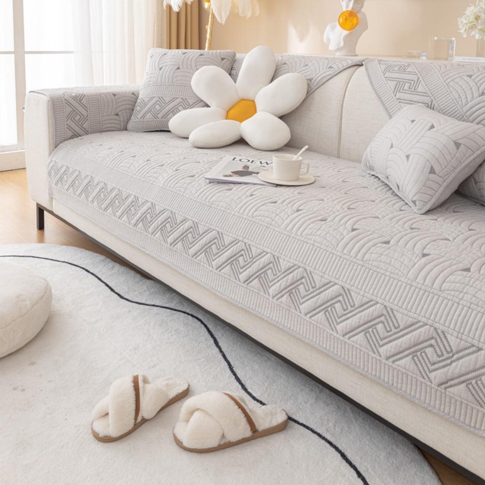 Washable Cotton Quilted Sofa Protector Non Slip Modern Embroidery Sofa Cover All Season Use