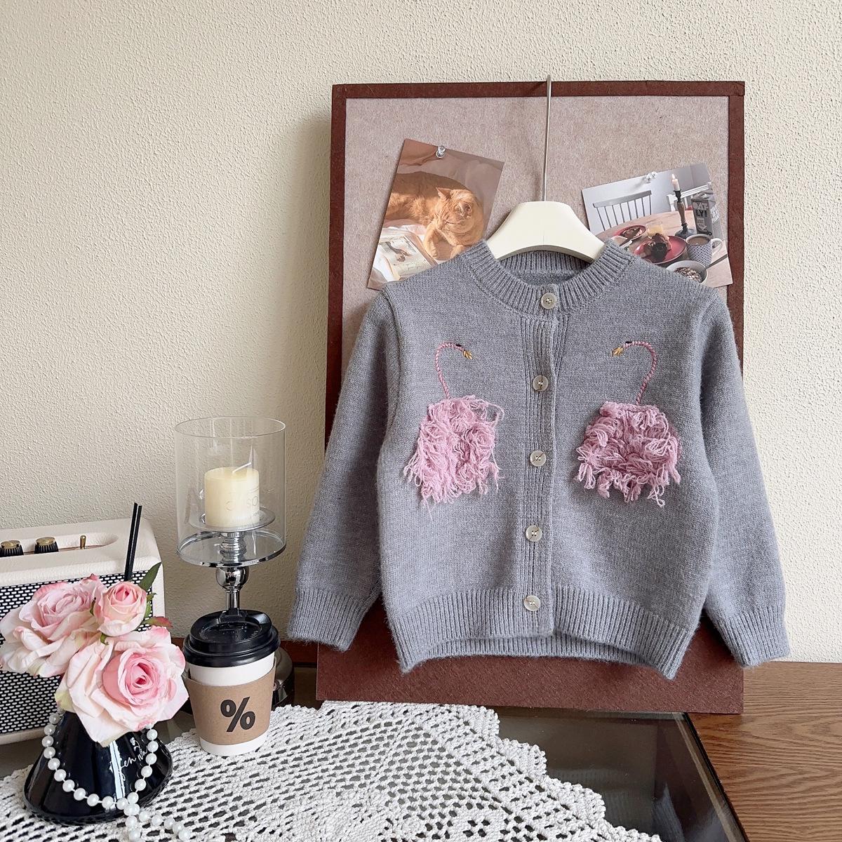 Girls Swan Jacquard Knit Cardigan Sweater - Spring & Autumn Style Size 100 серый