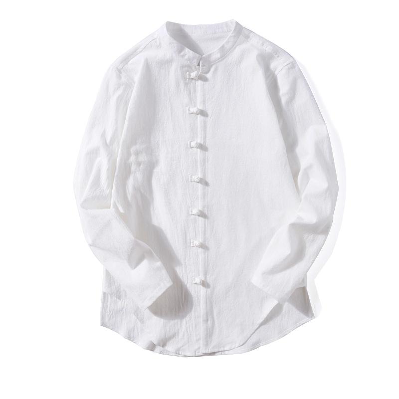 Jarní lněné košile Muži Čínský styl Retro košile s dlouhým rukávem a zapínáním na knoflíky Jednobarevné Stojací límečky Volné Topy velkých velikostí