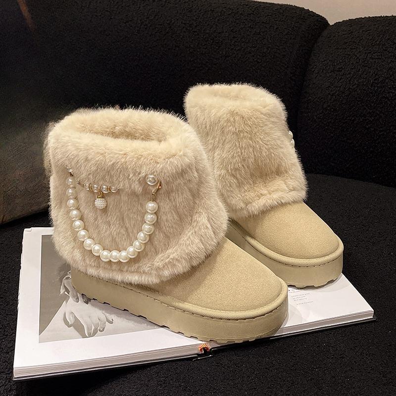 Fashion Platform Heightened Fleece Warm Snow Boots for Women Winter New Round Toe Fuzzy Booties Thickened Beaded Cotton Shoes