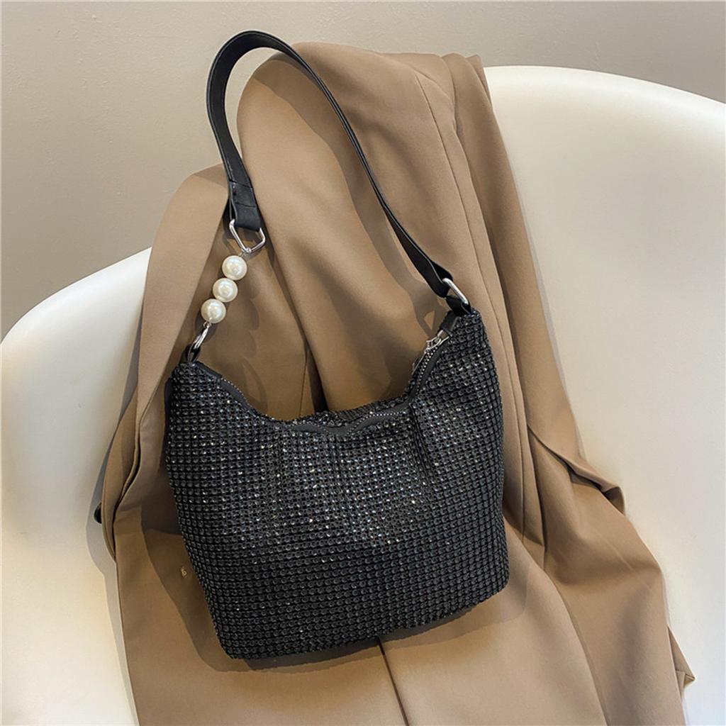Okouzlující večerní taška na rameno pro ženy Lesklá kamínková PVC měkká úprava Perlový popruh Zip Na párty Gala Events Kabelka