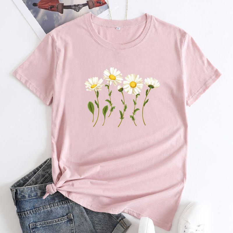 Summer Women's Flower Print Tees Plus Size Pure Cotton Round Neck Short Sleeved T-Shirts Female Top