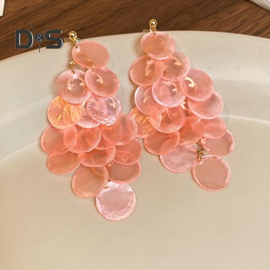 1 Pair Long Style Multi-Layer Drop Earrings Translucent Metal Needle Design Artificial Crystal Shell Tassel Earrings