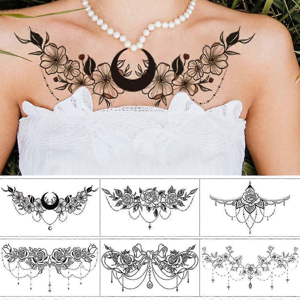 6 Sheets Black Underboob Tattoo For Women, Flower Moon Bowknot Rose Designs Temporary Tattoo Stickers On Chest Waist
