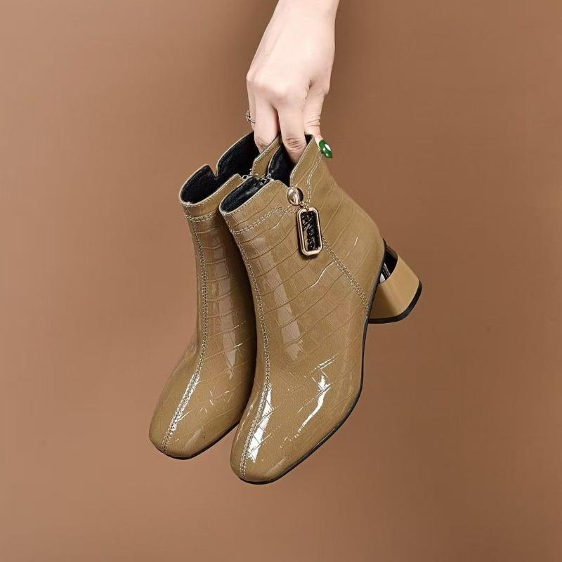High-heeled Patent Leather Booties French Block Heel High-end Women's Mid-heel Boots