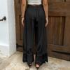 Damen Spitzenbesatz Rüschensaum Weites Bein Hoher Bund Lange Lockere Hose Vintage Stil Strand Reise Urlaubs Hose