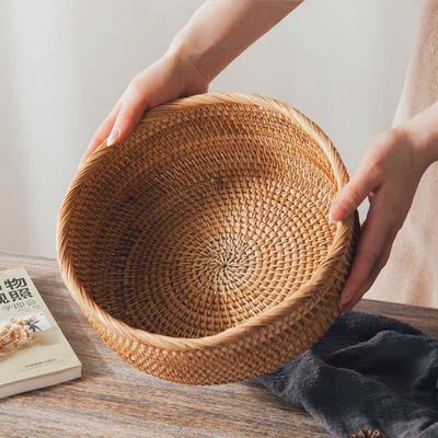 Handwoven Round Rattan Wicker Basket Fruit Tea Snack Bread Picnic Cosmetic Storage Box Kitchen Supplies Household Tools
