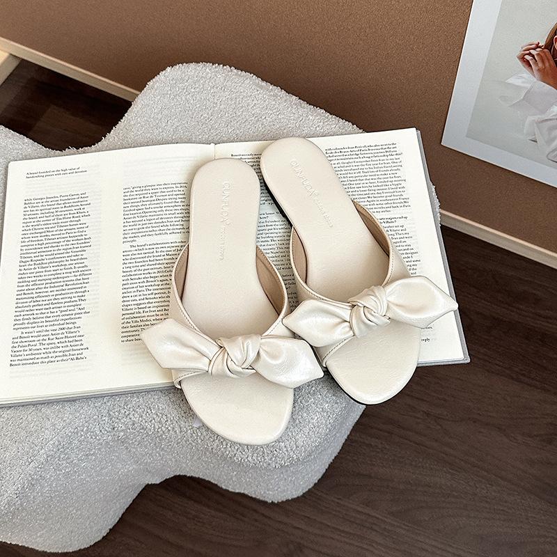 

Бантовые шлепанцы с плоской подошвой, крутые, женские, 2025, новая летняя мода, уличная обувь, универсальный плоский каблук, повседневные, сказочные, шлепанцы на одном ремешке 40 бежевый