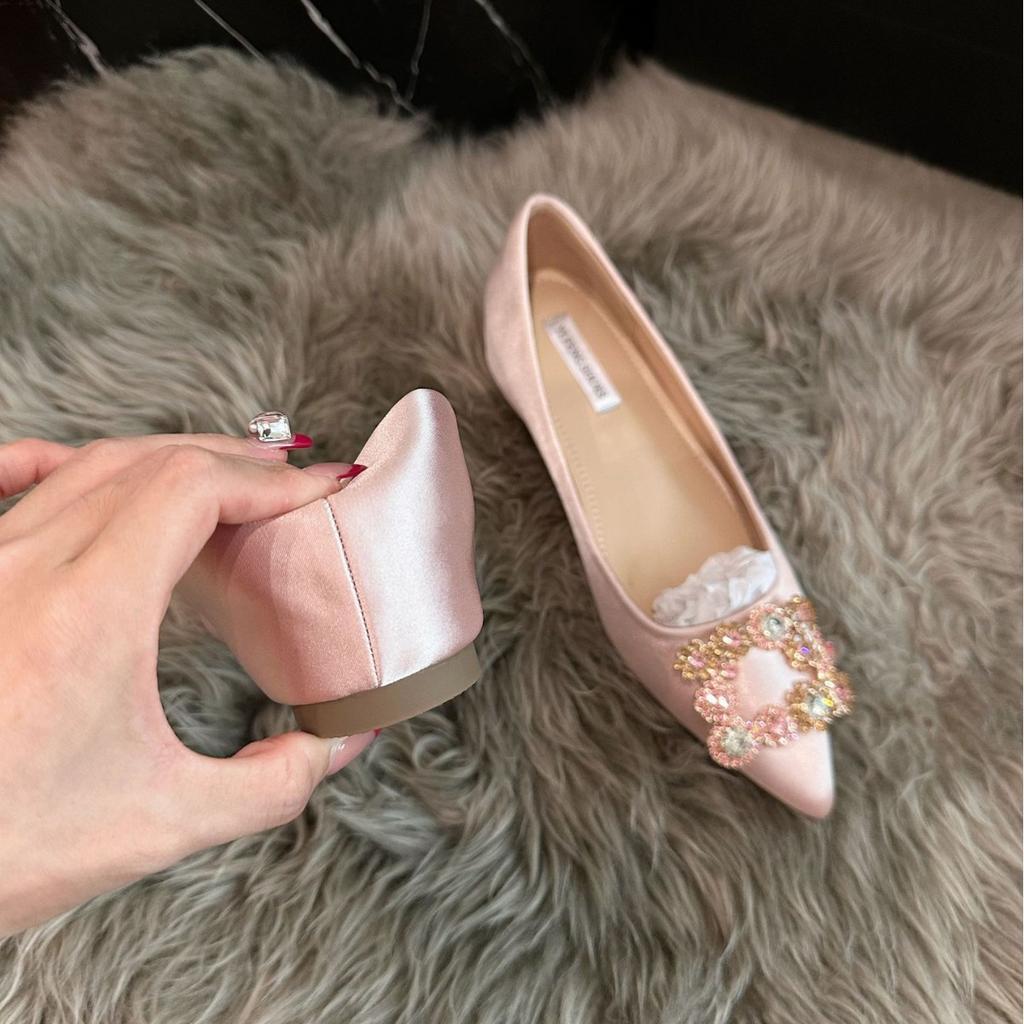 Sheepskin Version~ Invisible Inner Height Increase 5CM Flat-soled Single Shoes Women's 2025 Spring Temperament Pointed Rhinestone Square Buckle M