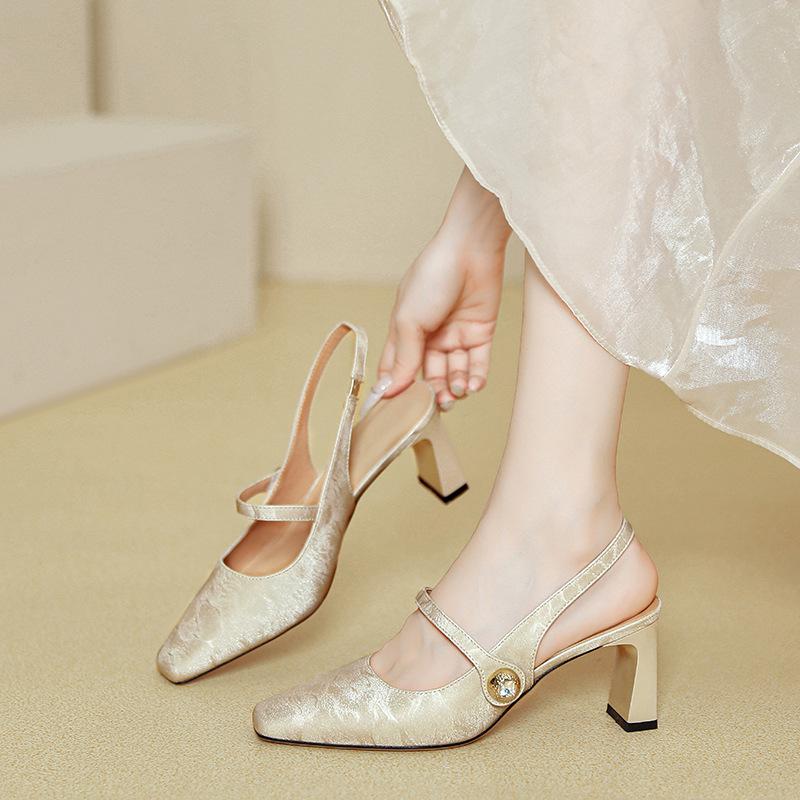Baotou sandals women's summer high heels 2025 new French Mary Jane single shoes silver word with thick heels high heels