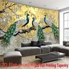 2D Art Peacock Tapestry Cloth Gold Background with Silver Leaves Home Decor