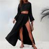Casual Vacation Style Linen Blended Short Blouse High Waist Chic Slit Cotton And Linen Casual Two Piece Suit