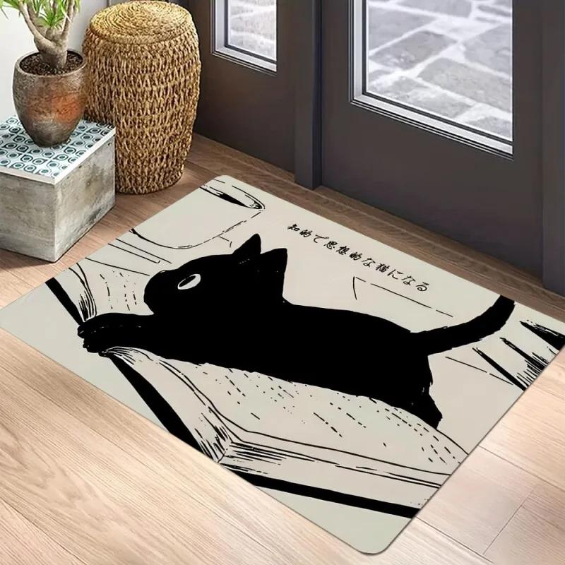 Black Cat Door Mat Non-Slip Entrance Way Mats Welcome Mats Rugs Washable Carpet Home Decoration For Indoor Outdoor
