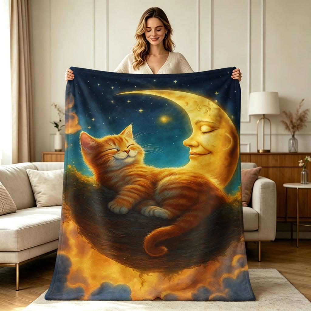 for all Season Flannel Blanket Cozy Warm Soft Sleeping Orange Kitten Moon Star Night Sky Print Throw Blanket for Sofa Couch Living Room Bedroom Office